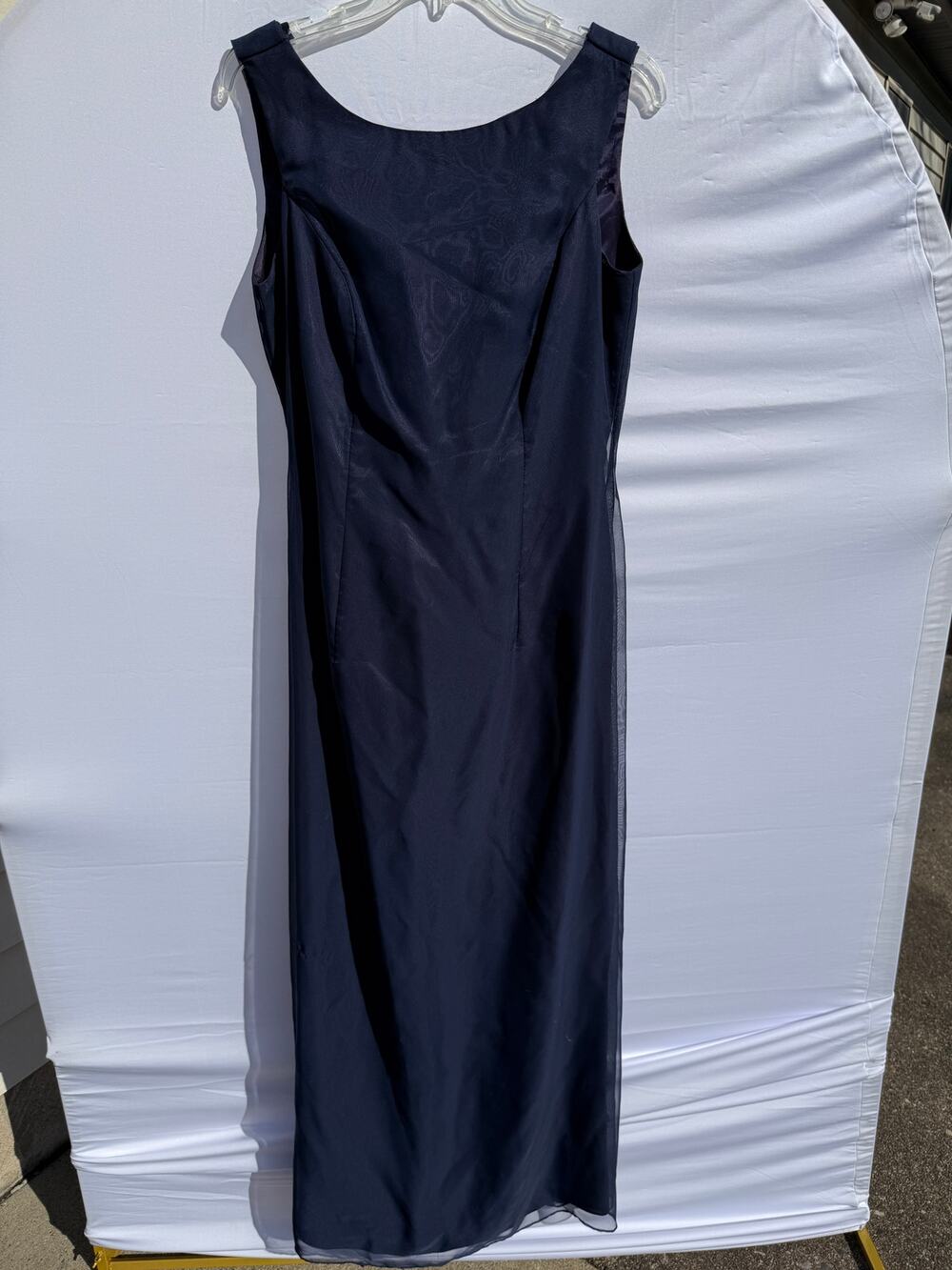 Vintage 90s Jordan Fashions Navy Blue Scoop Neck USA Union Made Taffeta Dress